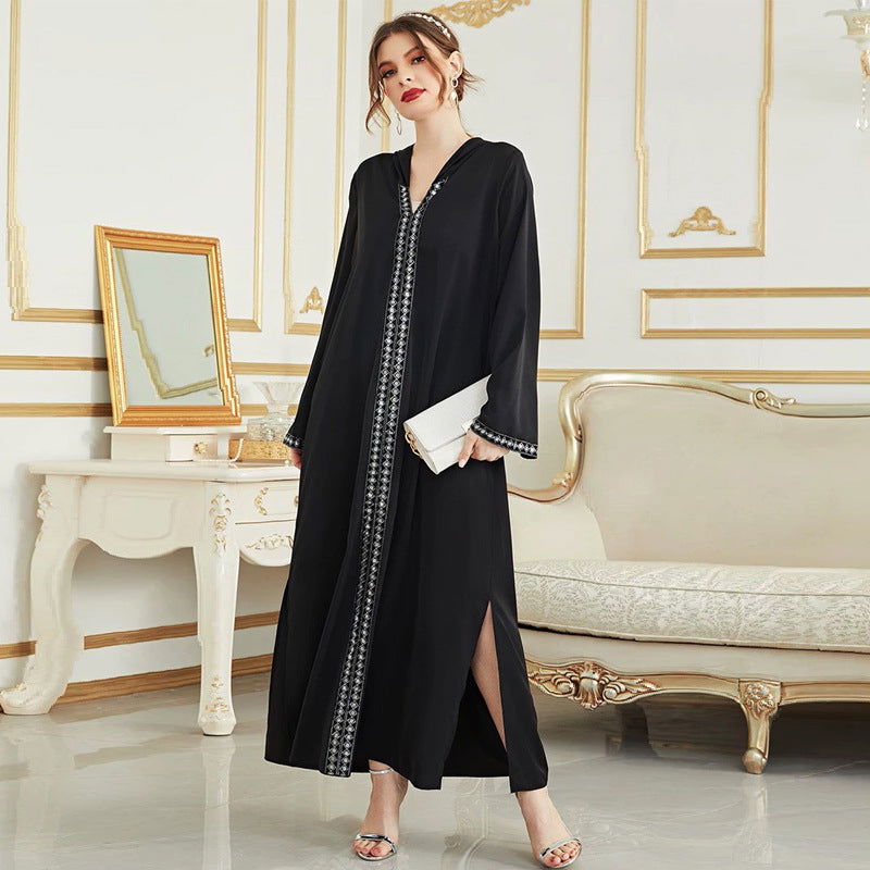 Arab Dress  V Neck Black Robe Hooded Dress