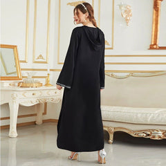 Arab Dress  V Neck Black Robe Hooded Dress