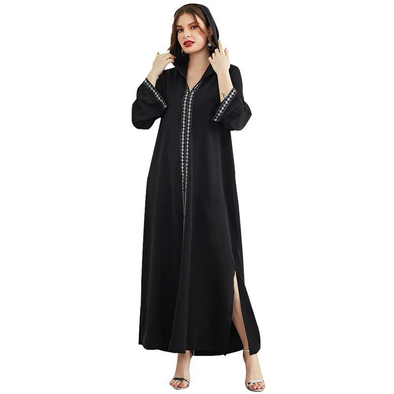 Arab Dress  V Neck Black Robe Hooded Dress