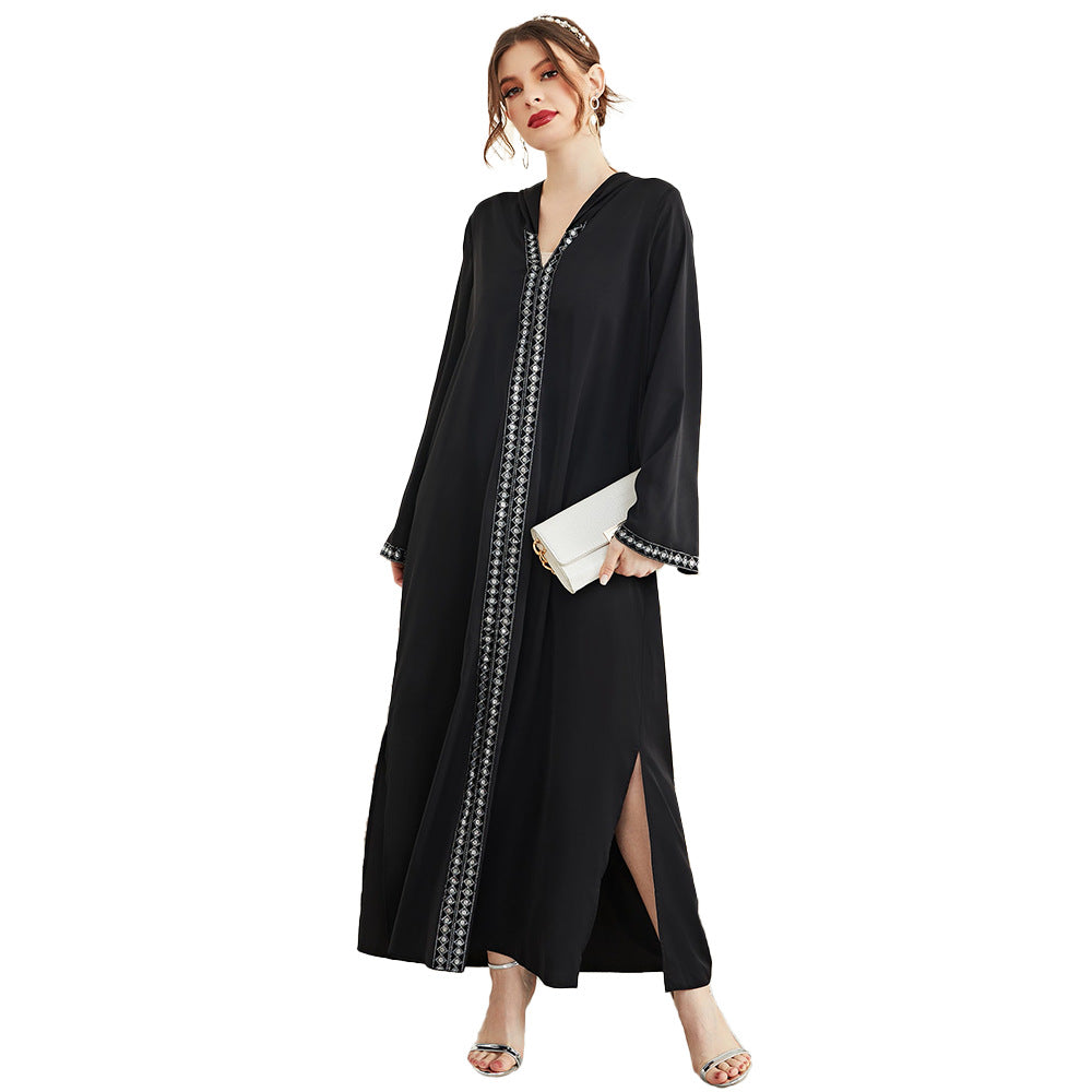 Arab Dress  V Neck Black Robe Hooded Dress