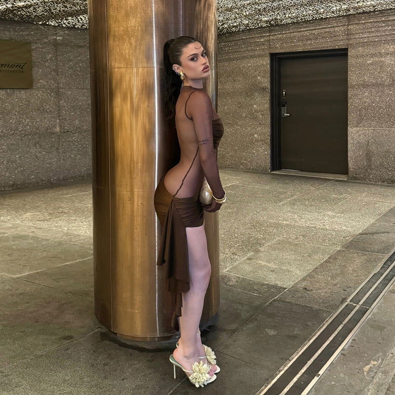 Arrival  Mesh Hollow Out Cutout Pleated round Neck Slim Fit Long Sleeved Dress