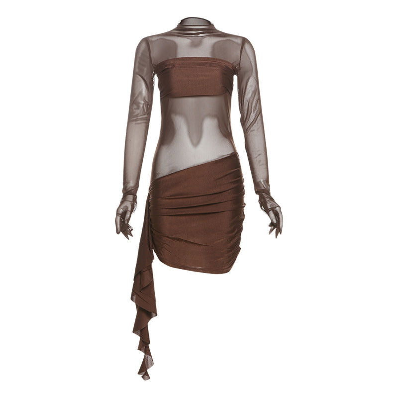 Arrival  Mesh Hollow Out Cutout Pleated round Neck Slim Fit Long Sleeved Dress