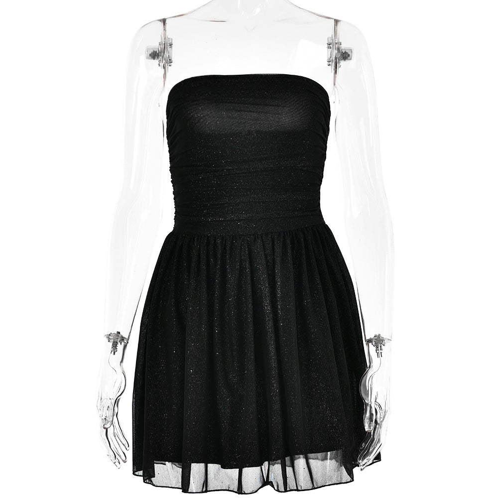 Arrival Dress Trend Mesh Stitching off Neck Tube Top Backless Short Dress for