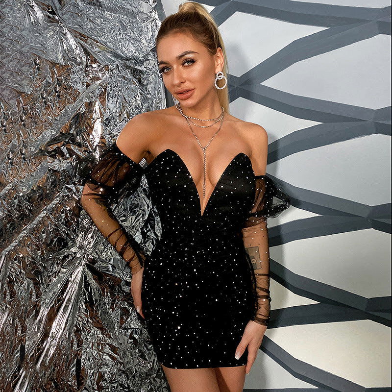 Arrival Sequined Backless Dress Deep V Plunge Chest Wrapped Dress off-Shoulder Gift