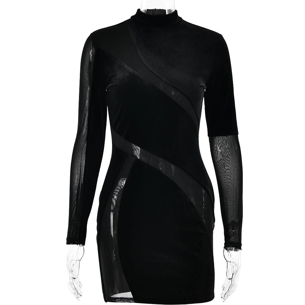 Arrival round Neck Long Sleeve See through Stitching Dress Tight Hip