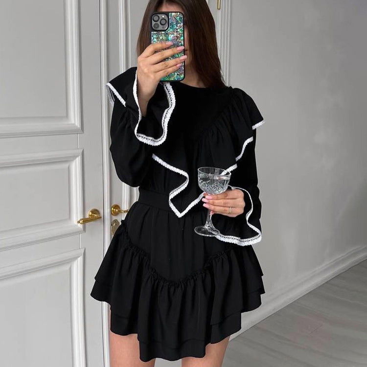 Bell Sleeve Ruffled Dress for Dignified Sense of Design Black Dress
