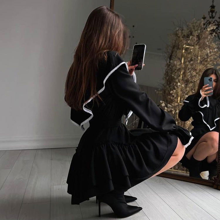Bell Sleeve Ruffled Dress for Dignified Sense of Design Black Dress