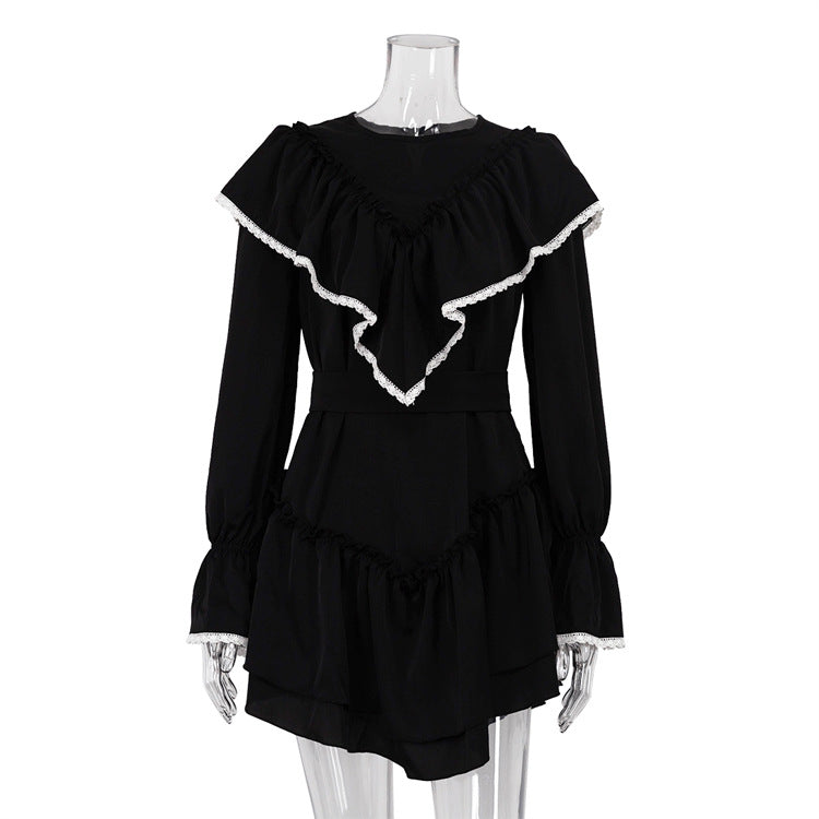 Bell Sleeve Ruffled Dress for Dignified Sense of Design Black Dress