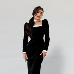 Black Slim Knit Korean Velvet Long Sleeve Split Contrasting Color Dress Office Short Dress