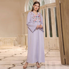 Blue Robe Dress Abaya V neck Embroidery Dress Robe