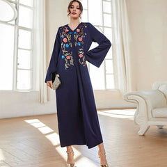 Blue Robe Dress Abaya V neck Embroidery Dress Robe