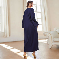 Blue Robe Dress Abaya V neck Embroidery Dress Robe