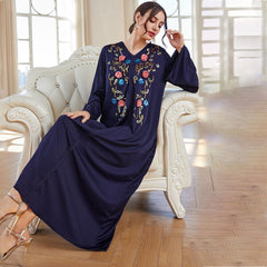 Blue Robe Dress Abaya V neck Embroidery Dress Robe
