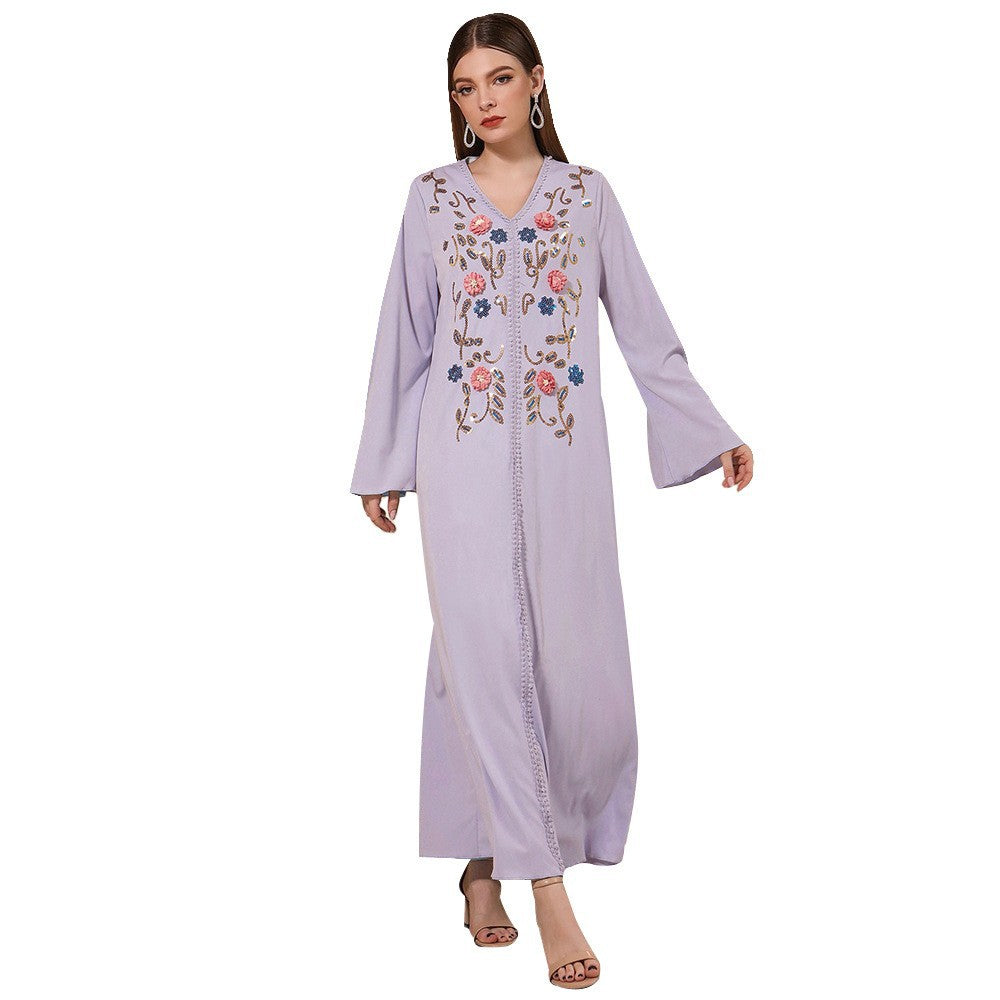 Blue Robe Dress Abaya V neck Embroidery Dress Robe