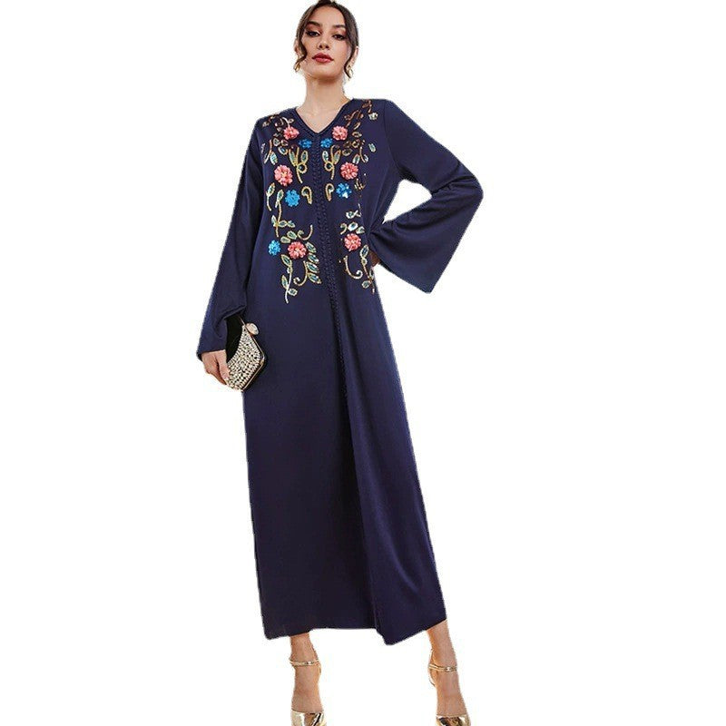 Blue Robe Dress Abaya V neck Embroidery Dress Robe