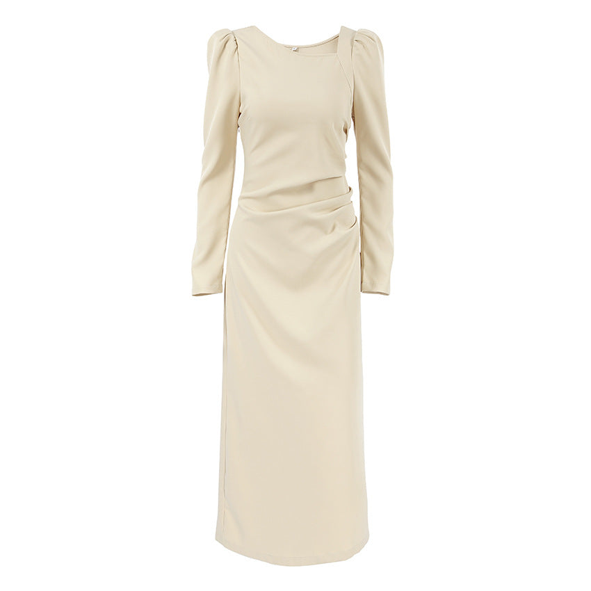 Casual Elegant Irregular Asymmetric Collar Puff Sleeve Tight Split Dress Khaki Maxi Dress