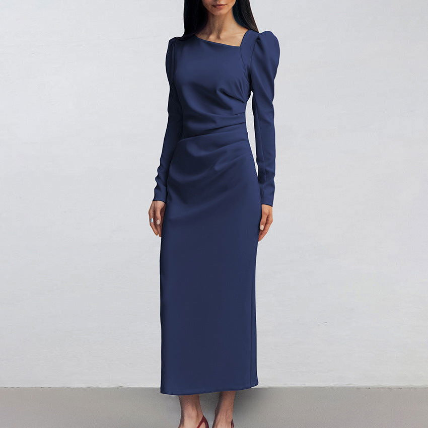 Casual Elegant Irregular Asymmetric Collar Puff Sleeve Tight Split Dress Khaki Maxi Dress