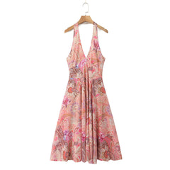 Casual Waist Controlled Slim Fit Slimming Paisley Halter Backless Dress