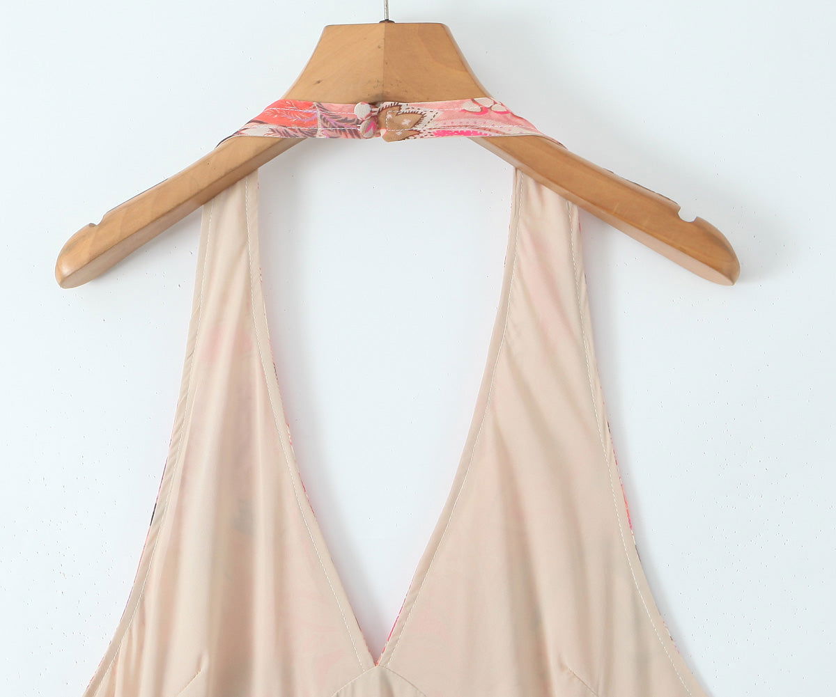 Casual Waist Controlled Slim Fit Slimming Paisley Halter Backless Dress