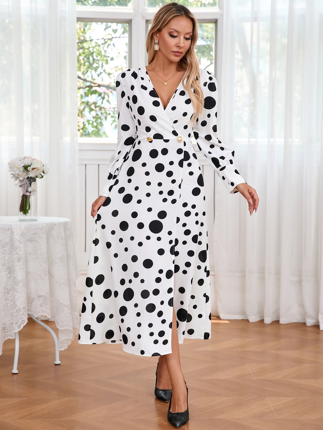 Dress Long Sleeve Spotted Printed V neck Dress