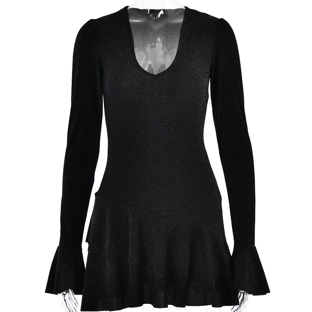Deep V Plunge neck Flared Sleeves Tight Sheath Dress
