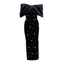 Elegant Ladies Bow Rhinestone Bandage Evening off Shoulder Dress