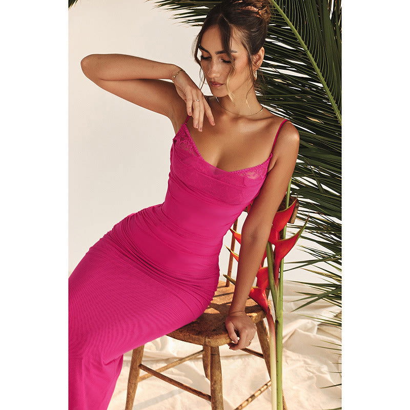 Elegant Slim Fit Chest Split DressLace Mesh Camisole Dress for