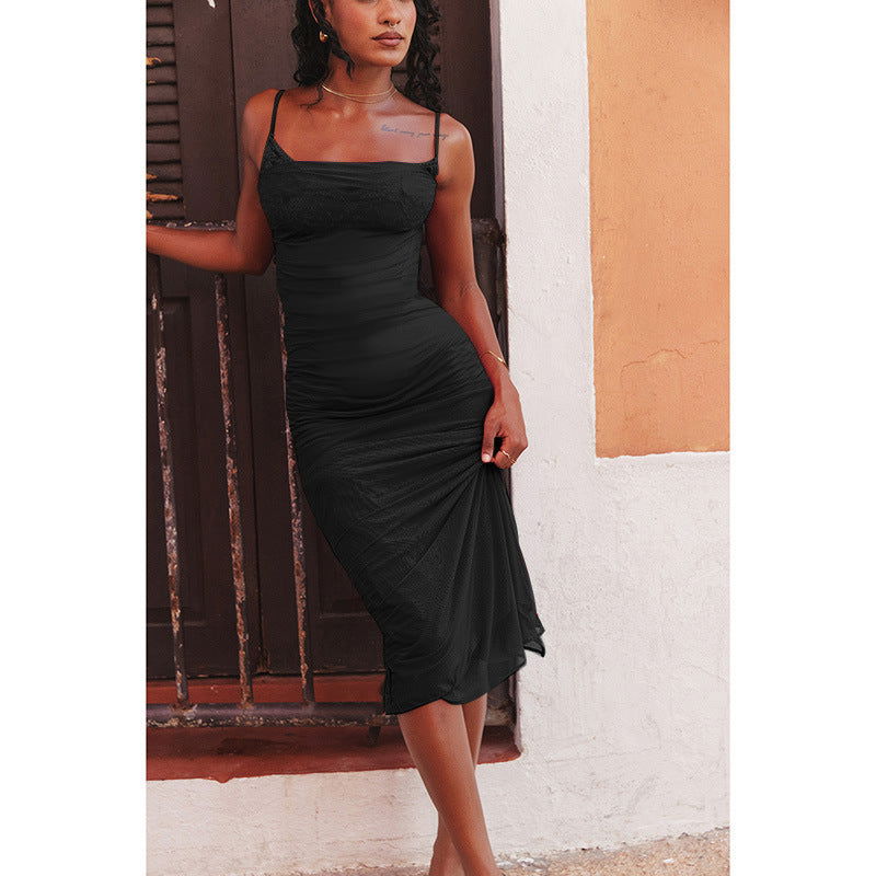 Elegant Slim Fit Chest Split DressLace Mesh Camisole Dress for