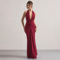 Vestido elegante de corte entallado con escote en V, estilo halter, plisado y adelgazante.