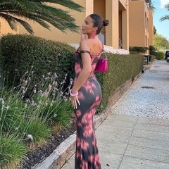 Elegant Slim Print Twisted Shoulder Elegant Fishtail