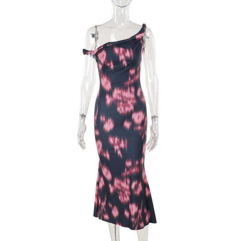 Elegant Slim Print Twisted Shoulder Elegant Fishtail