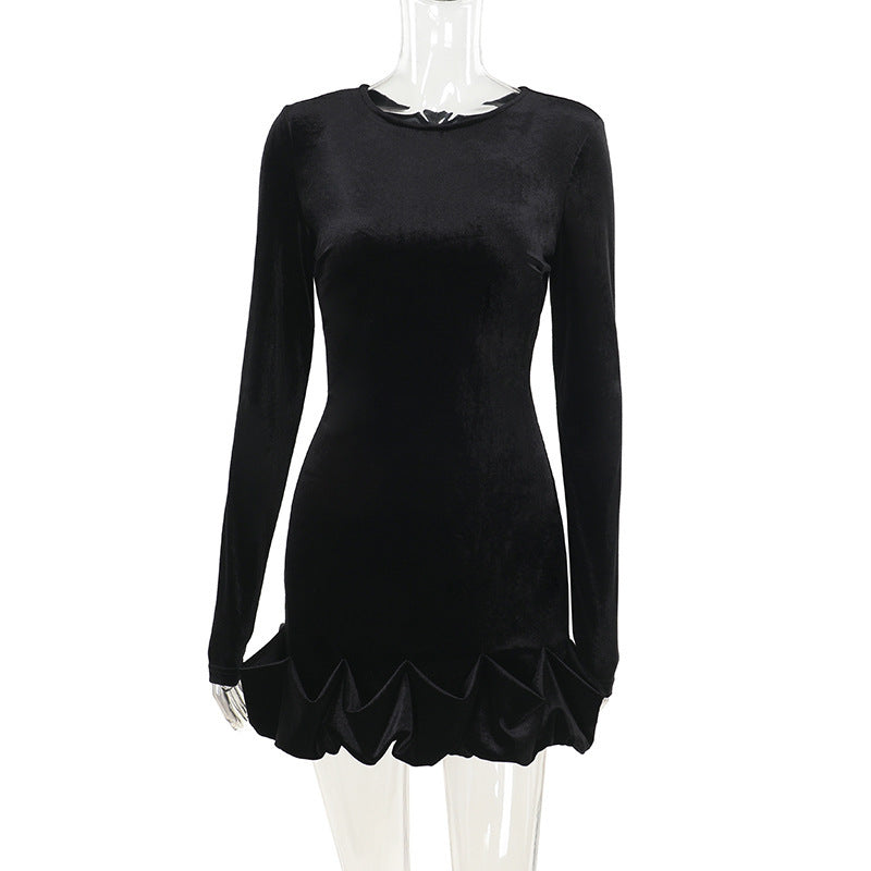 Elegant Velvet Round Neck Three Dimensional Pleated Hem Long Sleeve