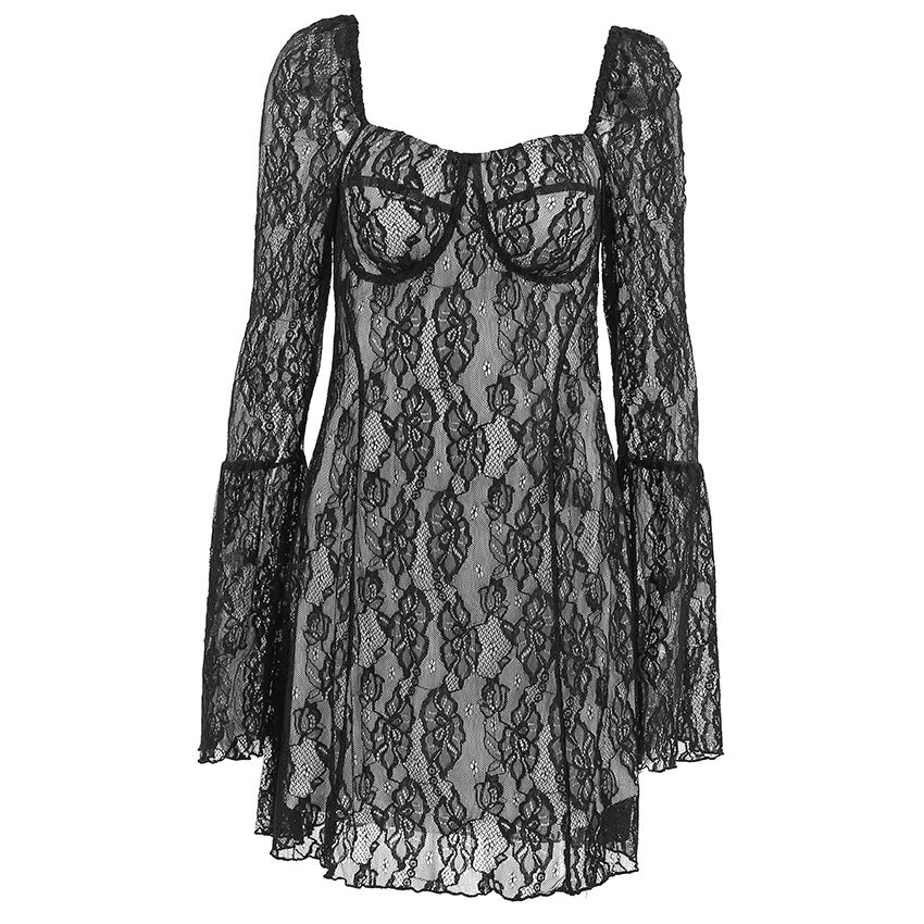 French Black Design Lace Hollow Out Cutout out Elegant Square Collar Puff Sleeve Slim Fit Tied