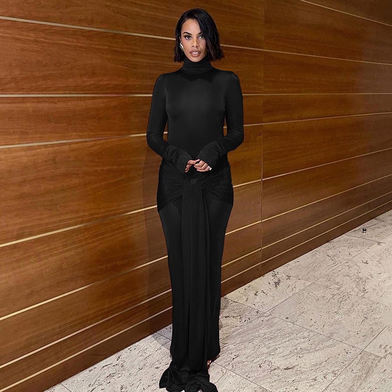 Half High Collar Long Sleeves Tight Dress
