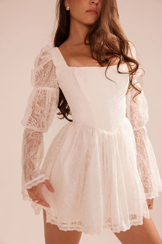 Lace Stitching Elegant Lady Lotus Rhizome Node Solid Color Dress Short   AmiEmi