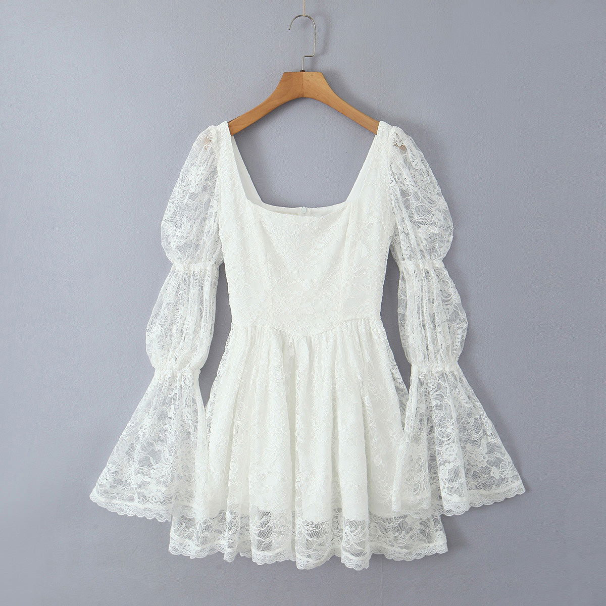 Lace Stitching Elegant Lady Lotus Rhizome Node Solid Color Dress Short AmiEmi Lace Stitching Elegant Lady Lotus Rhizome Node Solid Color Dress Short AmiEmi
