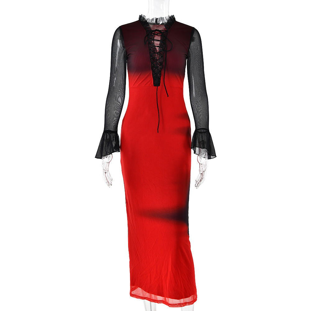 Lace up Ruffled Slim Fit Mesh See through Bell Sleeve Dress