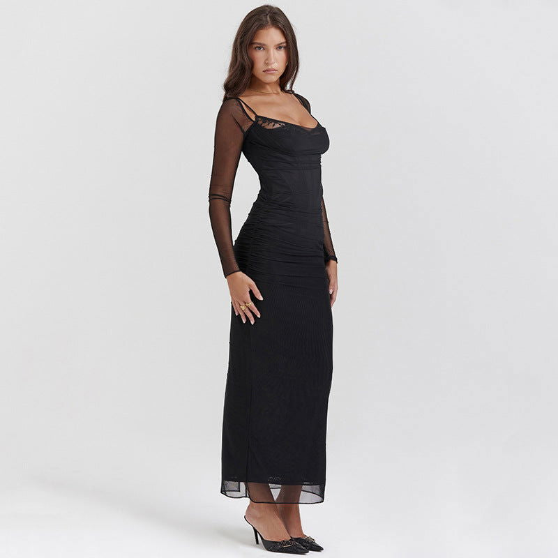 Long Sleeve Spaghetti Strap Backless Tight Split Maxi Dress