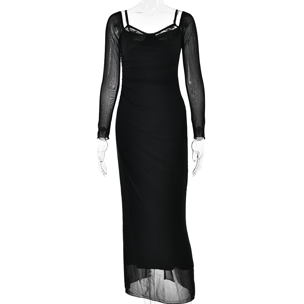Long Sleeve Spaghetti Strap Backless Tight Split Maxi Dress