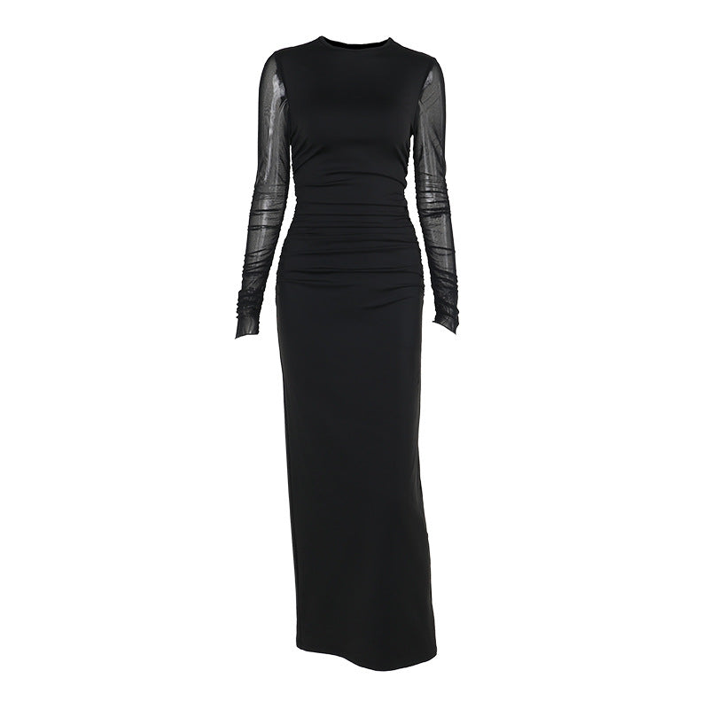 Long dress Socialite Elegant Slim Fit Mesh Sleeves Solid Color