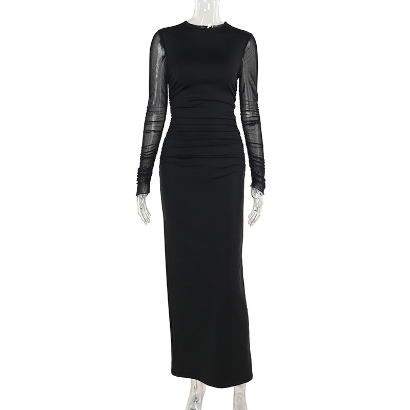 Long dress Socialite Elegant Slim Fit Mesh Sleeves Solid Color