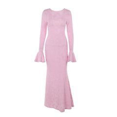 Vestido largo elegante ajustado de jacquard sin espalda con cordones y cuello redondo