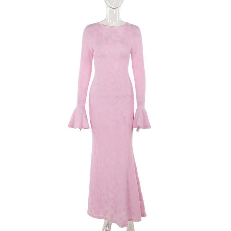 Vestido largo elegante ajustado de jacquard sin espalda con cordones y cuello redondo