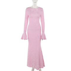 Vestido largo elegante ajustado de jacquard sin espalda con cordones y cuello redondo