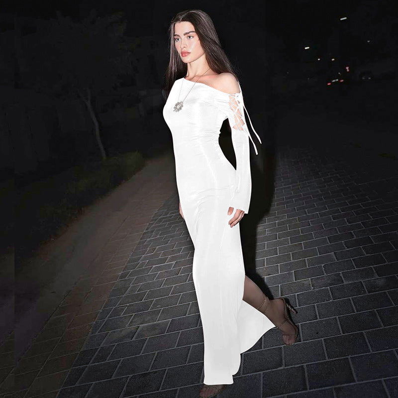 Maxi Dress Solid Color One Shoulder Cold Shoulder Slim Sheath Dress