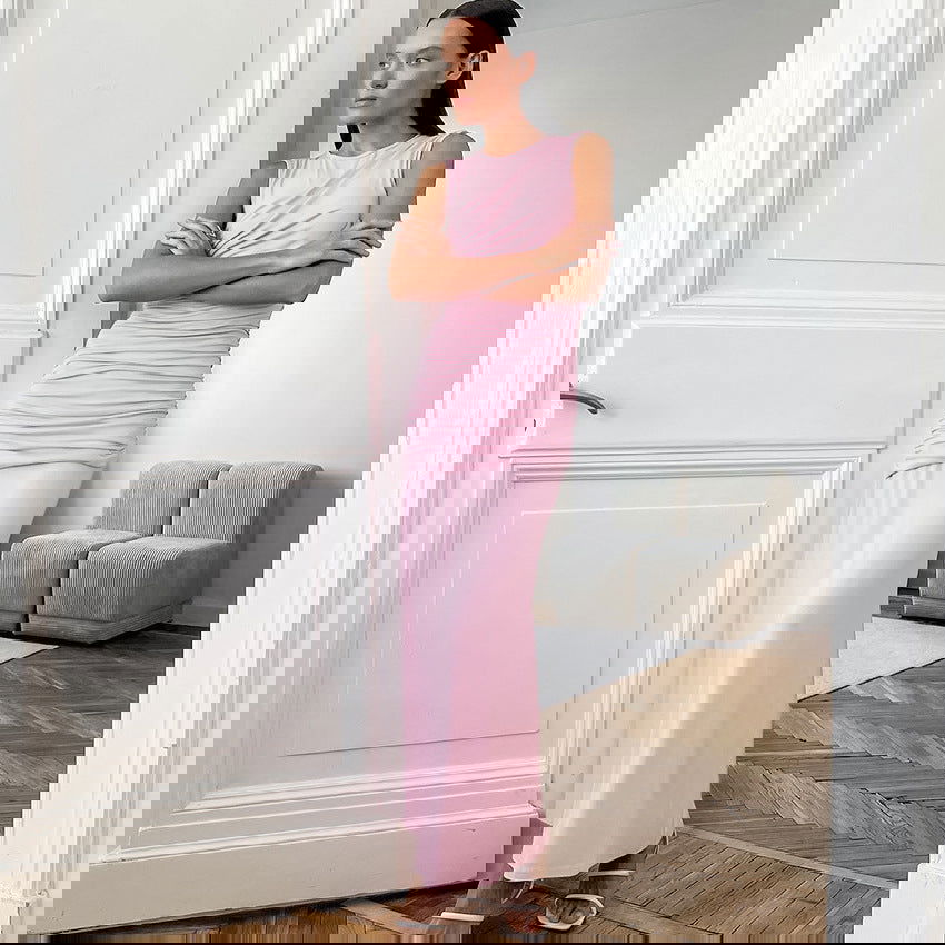 Pijama sin mangas plisado maxi vestido rosa de punto ajustado para mujer ropa de casa