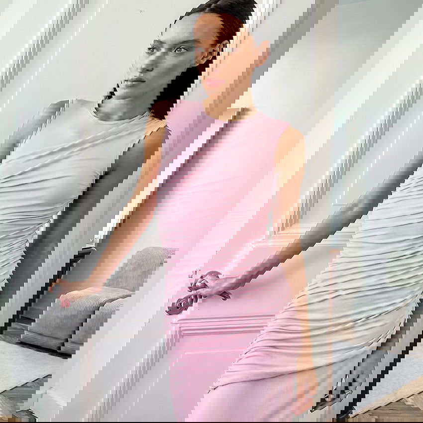 Pijama sin mangas plisado maxi vestido rosa de punto ajustado para mujer ropa de casa