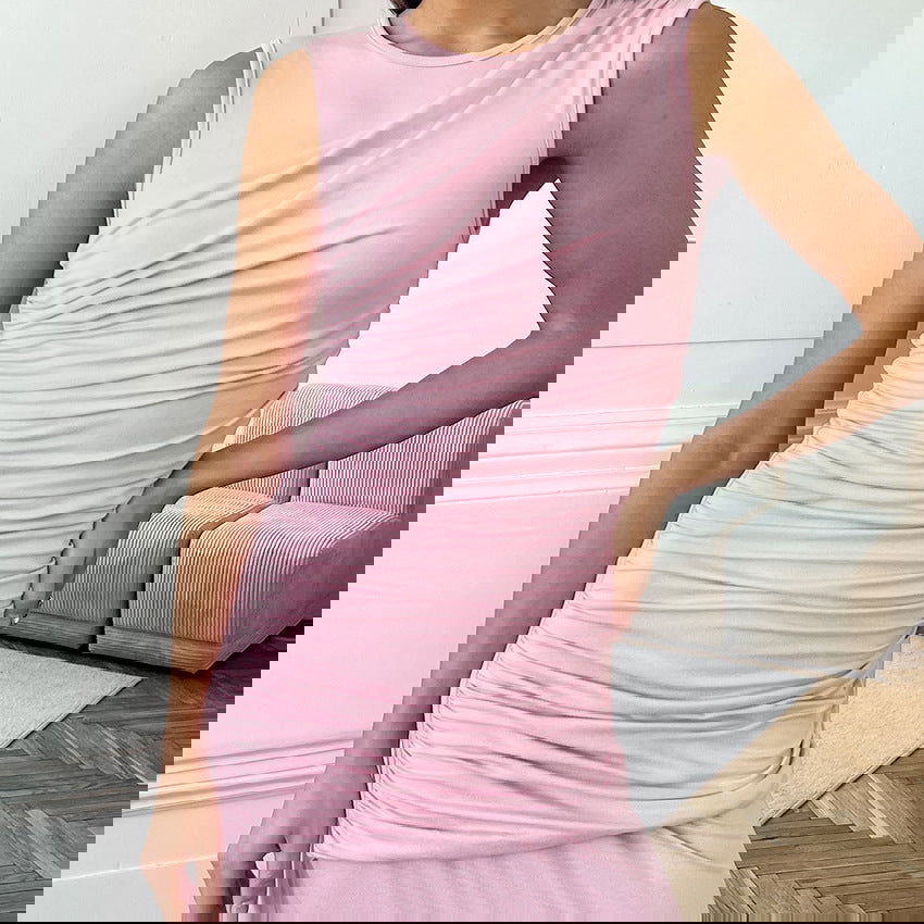 Pijama sin mangas plisado maxi vestido rosa de punto ajustado para mujer ropa de casa