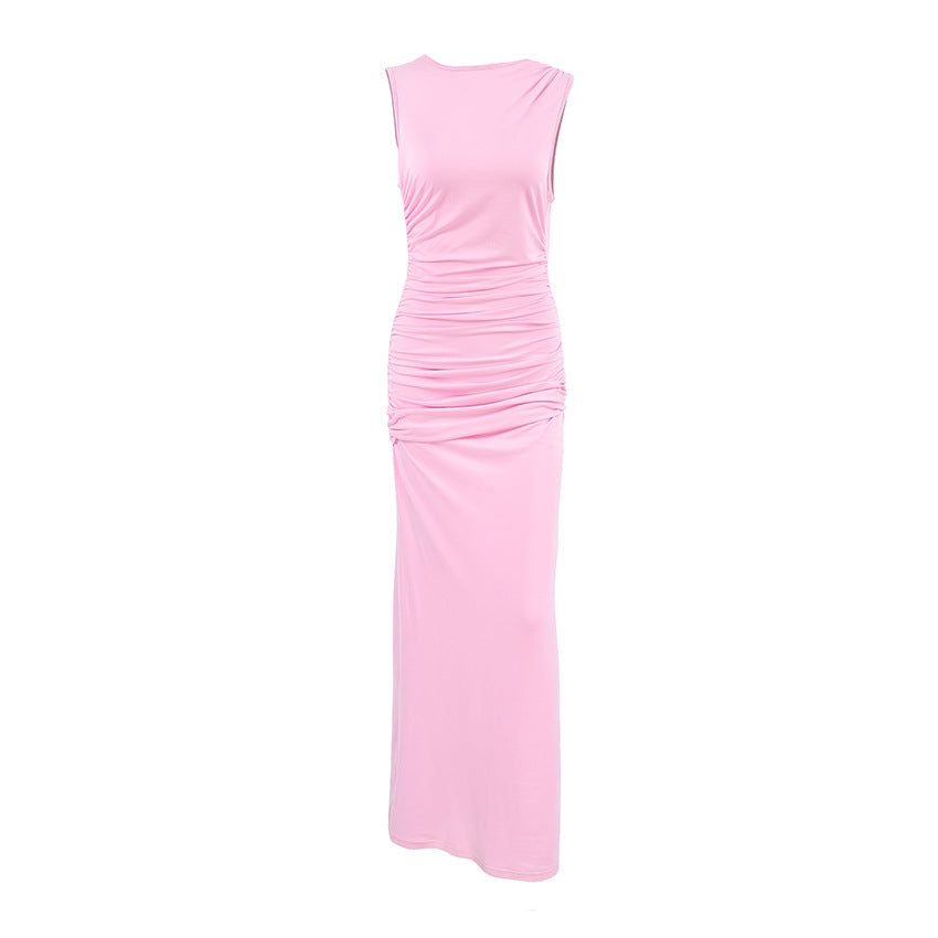 Pijama sin mangas plisado maxi vestido rosa de punto ajustado para mujer ropa de casa