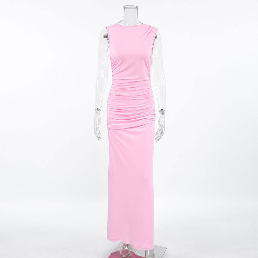 Pijama sin mangas plisado maxi vestido rosa de punto ajustado para mujer ropa de casa